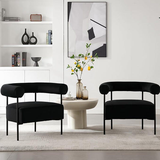 Modern Accent Chairs Set of 2 with Curved Back, Black Small Velvet Barrel Vanity Chairs Armchairs with Metal Legs & Upholstered for Living Room, Makeup Room