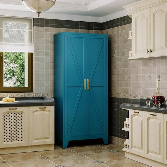 Large Metal Kitchen Pantry Cabinet with Adjustable Shelves - Freestanding Kitchen Storage Cabinet for Dining Room,Livingroom Bathroom, Hallway, Workshop, Office (Blue, 71"- 0 Drawer)