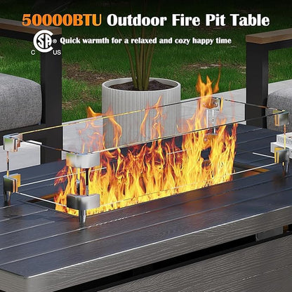Sundale Outdoor 7 Pieces Patio Furniture Set with Fire Pit Table, L-Shaped Outdoor Sectional Sofa with 6 Inch Olefin Cushion, All-Weather Modern Metal Outdoor Conversation Sets (6 Seats,White Frame)