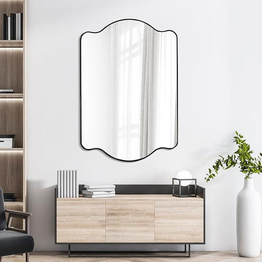 JONATHAN Y MIR205A Louisa 24 in. W x 36 in. H Medium Scalloped Rectangular Metal Framed Wall Mirror, for Bathroom, Living Room, Bedroom, Black
