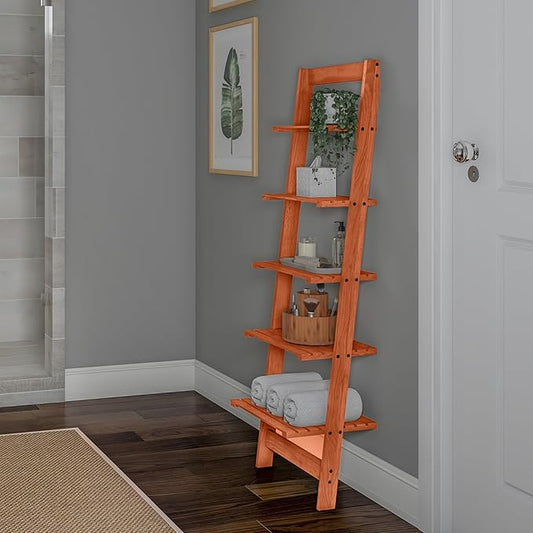 5-Tier Ladder Shelf - 50-Inch Narrow Leaning Bookshelf - Wooden Bookcase for Living Room, Bathroom, Kitchen, Office, or Bedroom Furniture by Lavish Home (Cherry)