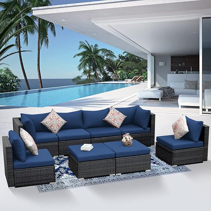 NICESOUL Outdoor Sofa Set of 8, Deep Seating Extra Large Patio Conversation Set, 29.3'' High Back Modern Luxury Wicker Modular Sectional for Backyard Lawn Deck Garden, 2 Color Cushions Navy & Gray
