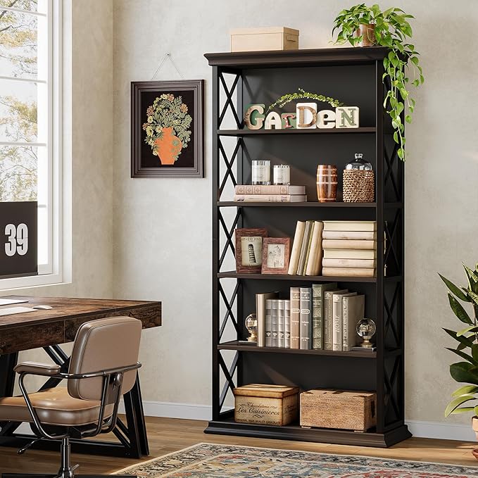 Tribesigns 71-Inch Tall Bookcase, 5-Tier Industrial Metal Bookshelf, Large Etagere Bookcases and Bookshelves, Freestanding Display Shelves for Living Room, Bedroom, Black (Set of 2)