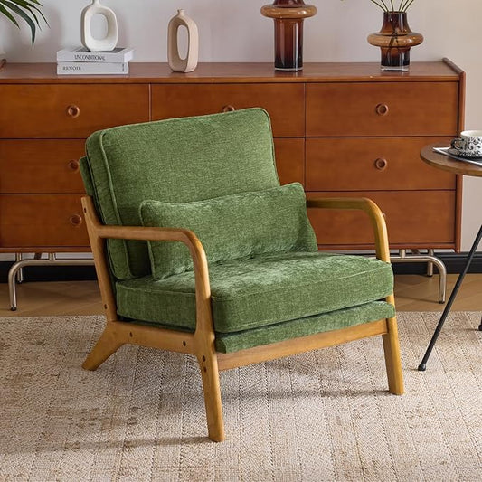Karl home Mid Century Modern Accent Chair with Lumbar Pillow & Oak Arms – Plush Chenille Living Room Chair for Bedroom, Lounge (Olive Green)