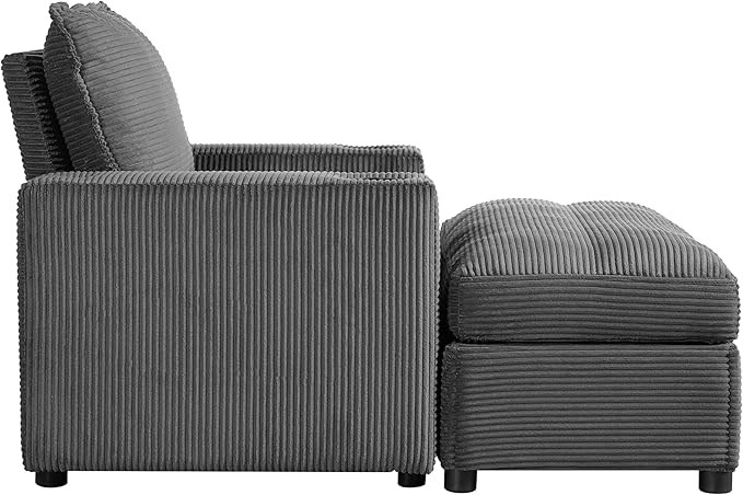 Christopher Knight Home Zoe Oversized Chaise Lounge Chair Indoor with Cup Holders & USB Charging Port, Corduroy Upholstered Sofa Bed + Ottoman with Storage, Comfy Deep Seat Sleeper Sofa Chair, Grey