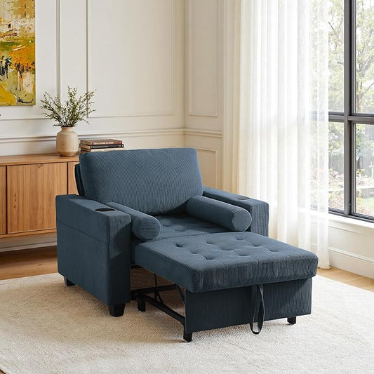 Convertible Sleeper Chair Bed, Comfy Corduroy Single Futon Sofa Chair with Pull Out Bed, 3-Levels Adjustable Backrest Accent Chair with Side Pockets, Cup Holder & USB Ports for Living Room, Bedroom