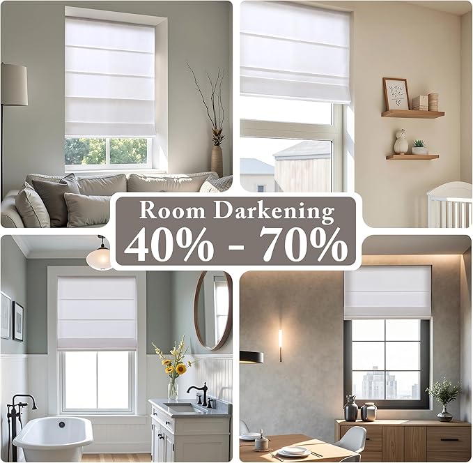 Madison Park Galen Matte White Cordless Roman Shades - Fabric Privacy Single Panel Darkening, Energy Efficient, Thermal Insulated Window Blind Treatment, for Home, Living Room Decor, 27" W x 64" H