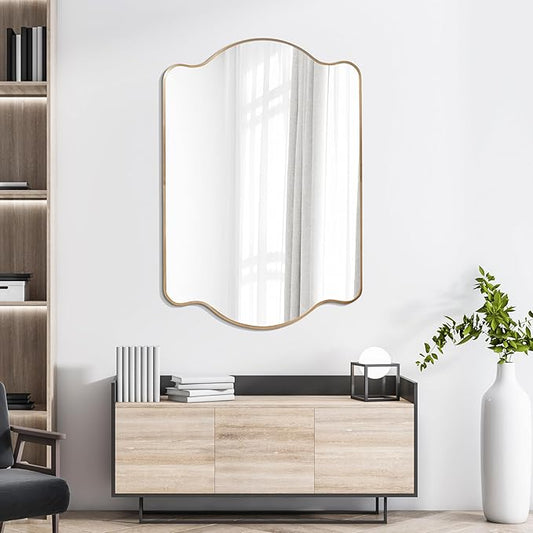JONATHAN Y MIR205C Louisa 24 in. W x 36 in. H Medium Scalloped Rectangular Metal Framed Wall Mirror, for Bathroom, Living Room, Bedroom, Gold