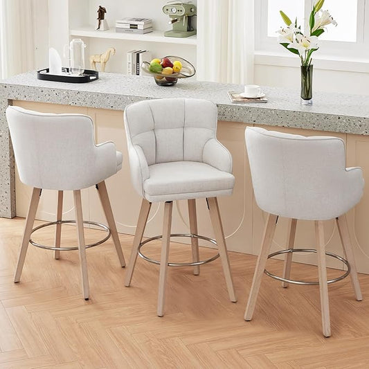 360°Swivel Counter Height Bar Stools with Back, 30 inch Solid Wood Legs, Bar Stool Modern Kitchen Island Chairs, Fabric (Beige- Fabric, 30" H- Set of 3)