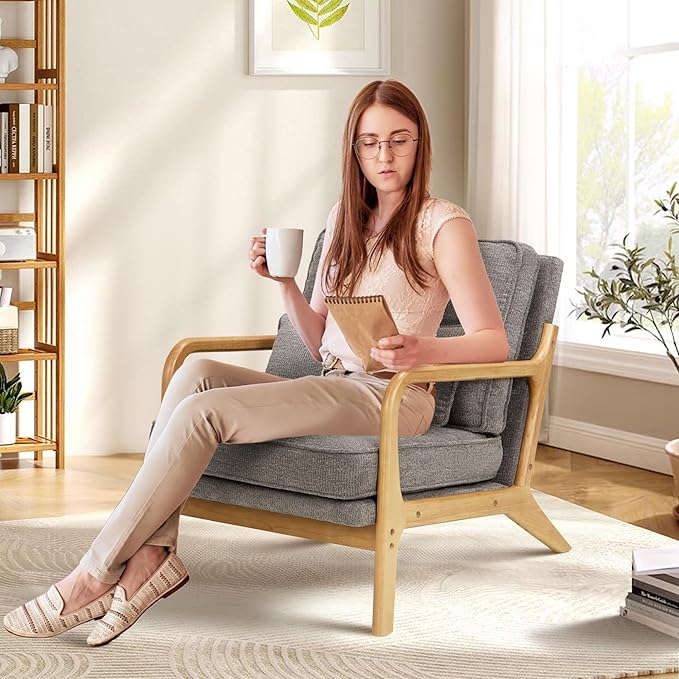 Modern Accent Chair Set of 2 with Lumbar Pillow, Relaxing Mid Century Chair Armchair with Solid Wood Frame & Soft Cushion, Reading Leisure Armchair for Living Room, Grey