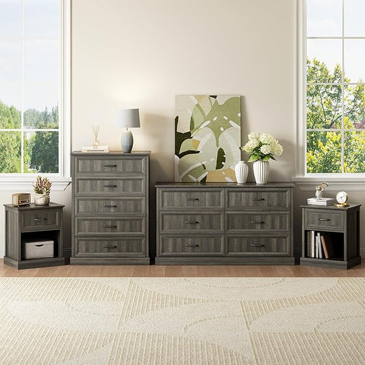 CARPETNAL Farmhouse Dresser and Nightstand Sets for Bedroom, 4 Pcs Bedroom Set, 5 Drawer & 6 Drawer Dresser and Nightstand Set of 2, Wood Chest of Drawers for Living Room, Entryway, Grey