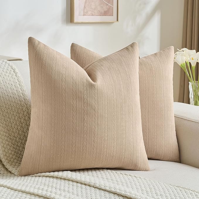 FUTEI Khaki Decorative Throw Pillow Covers 22x22 Inch Set of 2,Soft Cozy Wheat Ear Striped Patterns Cushion Cases,Modern Home Decor for Couch Bed Living Room