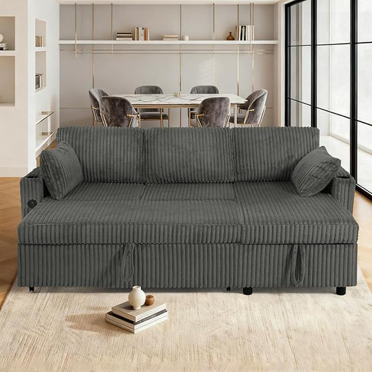 84" Corduroy Pull Out Sofa Bed w/Adjustable Backrests, Sectional L-Shape Sleeper Sofa w/Storage Chaise, Convertible Couch Bed w/USB Charging Port & Cup Holders for Living Room, House, Grey