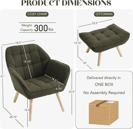 Small Accent Chair with Ottoman, Sherpa Upholstered Lounge Chair with Footrest, Comfy Reading Armchair with Wood Legs for Living Room Bedroom, Green