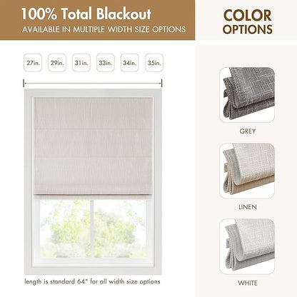 Madison Park Cordless Roman Shades, Total Blackout Window Blind Privacy Window Shades, Thermal Insulated Cordless Window Treatment for Bedroom, Living Room, Quincy, Single Panel 35" W X 64" H Linen