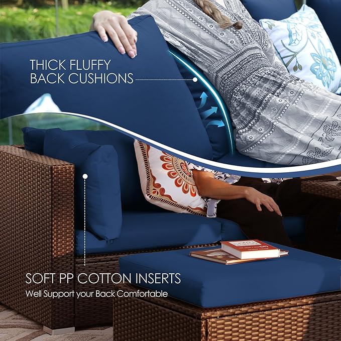 NICESOUL 9 Piece Patio Furniture Set with Fire Pit Natural Gas/Propane, 29.3'' High Back Comfy Outdoor Wicker Conversation Set, XL Large Deep Sitting Sectional Sets, Brown Rattan and Navy Blue Cushion