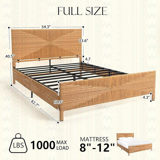 Yechen Boho Full Bed Frame with Headboard and Footboard, Hand-Woven Rattan Mid Century Modern Bedframe with Vintage Pattern, Wicker Bed with Metal Frame and Metal Slats, No Box Spring Needed, 1000lbs