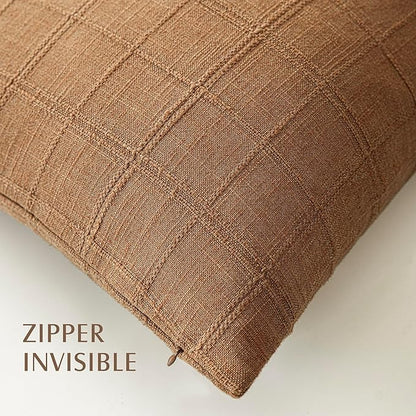 Foindtower Set of 2 Decorative Linen Check Throw Pillow Covers Neutral Farmhouse Lumbar Cushion Covers Modern Boho Home Decor for Sofa Chair Couch Bedroom Living Room,12×24 Inch,Brick