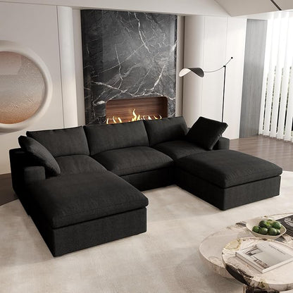 Cloud Modular Sectional Sofa Couch,120.45" U Shaped Convertible Couches with Storage Ottoman for Living Room,Minimalist Deep Sofa Couches,Sofa Covers Washable&Replaceable(Black)
