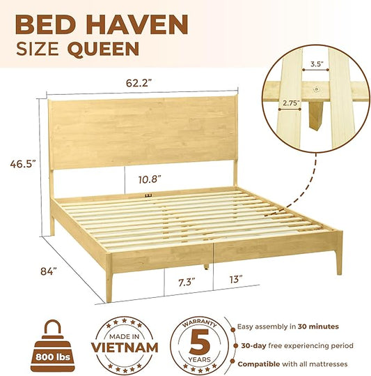 Acacia Haven Queen Bed Frame and Headboard, Platform Bed Frame Scandinavian Wood Bed Compatible with All Mattress Types, Wood Slats Support 800lbs Capacity, Quick & Easy Assembly, Oak.