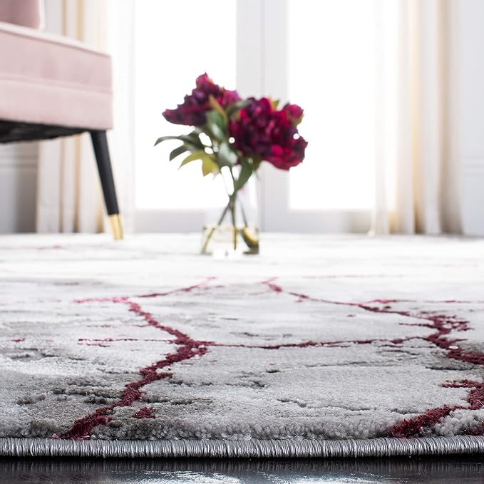 SAFAVIEH Craft Collection Area Rug - 6'7" Square, Grey & Wine, Modern Abstract Design, Non-Shedding & Easy Care, Ideal for High Traffic Areas in Living Room, Bedroom (CFT877S)
