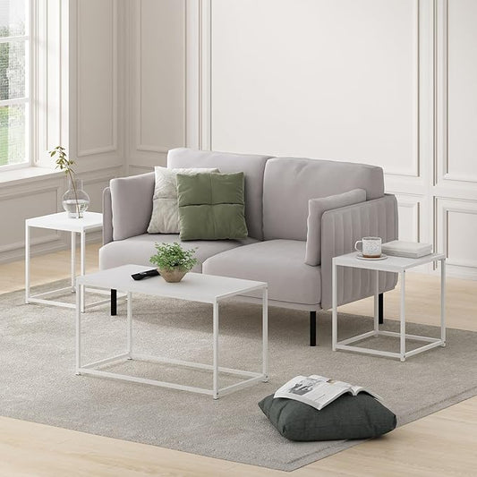 Furinno CAMNUS Coffee Table, Metal Frame Modern Coffee Table and Side Tables Set, Toolless Side Table Sets, for Living Room, Bedroom, Home Office, Solid White