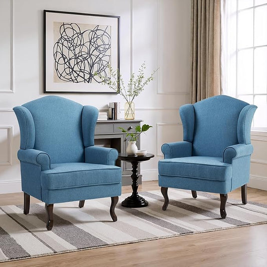 Pia Ricco Set of 2 High Back Accent Chairs: Upholstered Fabric Armchairs with Solid Wood Legs - Retro Living Room Pair, Comfy Reading Sofa Seats-Ocean Blue