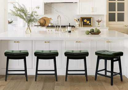 Counter Height Bar Stools Set of 4 for Kitchen Counter Farmhouse Modern Barstools with Faux Leather Upholstered Backless Seat and Solid Wood Legs 24 inch Bar Chairs, Green + Black