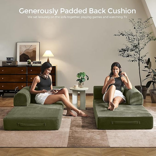 79" Convertible Sofa Bed with Fixed-Shape Frame & Removable Armrests, Modular Corduroy Sleeper Sofa, Folding Mattress Couch for Small Spaces - No Assembly Needed in Light Green (Includes 2 Pillows)