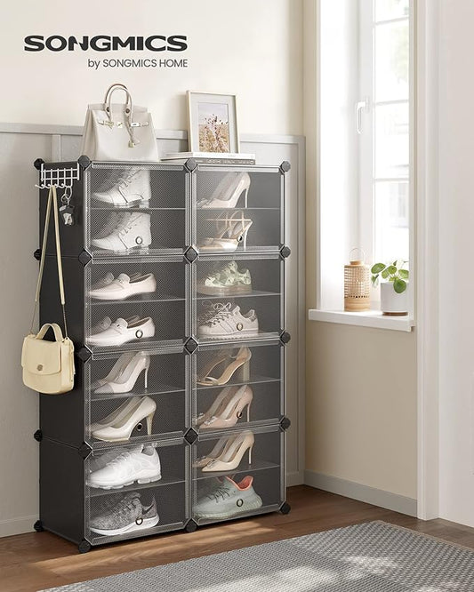 SONGMICS Shoe Rack Organizer, 8-Tier Shoe Storage Cabinet for Closet and Entryway, Holds 32 Pairs of Shoes, Adjustable, Ink Black and Trasparent ULPC034B01