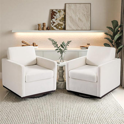 Pia Ricco Plush Swivel Barrel Chair Set of 2 - Mid-Century Modern Accent Armchairs in Soft Chenille for Living Room & Cozy Reading Nook, Beige