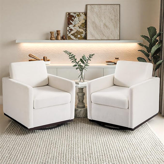 Pia Ricco Plush Swivel Barrel Chair Set of 2 - Mid-Century Modern Accent Armchairs in Soft Chenille for Living Room & Cozy Reading Nook, Beige