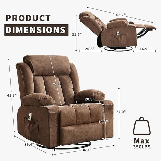 Rocking Recliner Chair with Heat and Massage, Nursery Recliner 360° Swivel Oversized Chairs for Adults, Lazy Boy Single Sofa Seat with 3 Positions, 2 Side Pockets, Cup Holders, and USB Ports, Brown