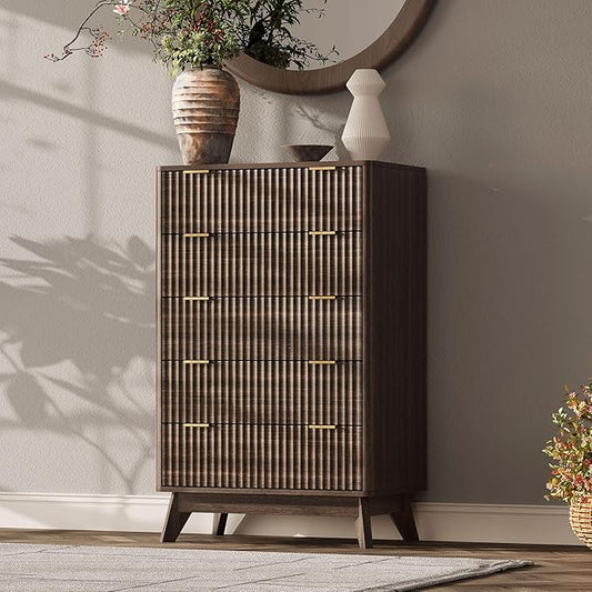 43'' Hight 5 Drawers Dresser for Bedroom,Modern Fluted Vertical Chest with Rounded Corners,Fluted Dresser for Living Room,Hallway, Walnut