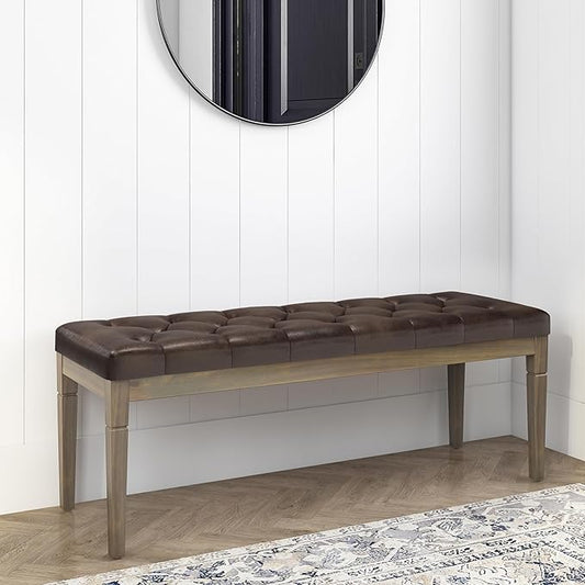 SIMPLIHOME Waverly 48 inch Wide Traditional Rectangle Tufted Ottoman Bench in Distressed Brown Vegan Faux Leather, Assembled, For the Living Room and Bedroom