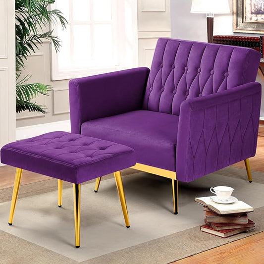 Velvet Accent Chair with Adjustable Armrests and Backrest, Button Tufted Lounge Chair, Single Recliner Armchair with Ottoman and Pillow for Living Room, Bedroom, Purpel