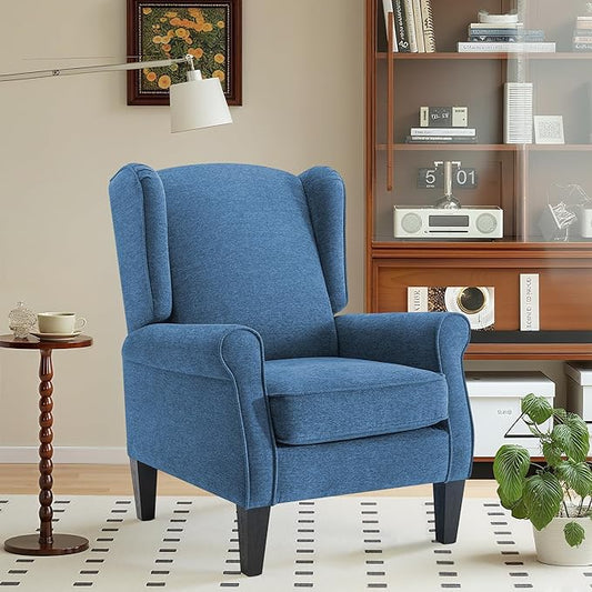 Accent Chairs, Mid Century Blue Bedroom Reading Seats in Fabric, Modern Living Room Single Upholstered Sofa Couch, Elegant High Wingback Arm Chair for Adults, Sillones para Sala