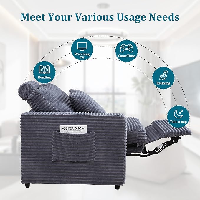 ORRD Power Reclining Sectional Sofa, Electric 4 Seat Recliner with 2 Electric Footrest and Adjustable Headrest, Modern Plush Corduroy Fluffy Modular Sectional with Deep Seat for Living Room-Blue Grey