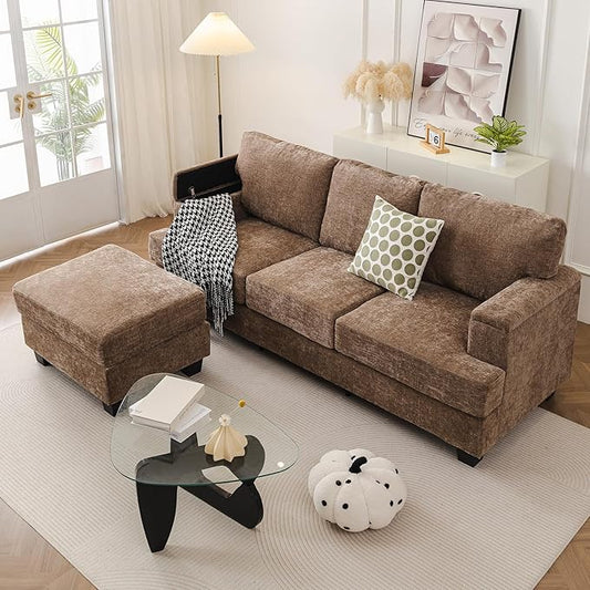 85'' L Shaped Couch with Armrest Organizer,3 Seats Sofas with Movable Ottoman,Comfy Sectional Sofa with Thick Cushion,Chenille Sectional Couches for Living Room,Bedroom,Apartment,Home Furniture,Brown