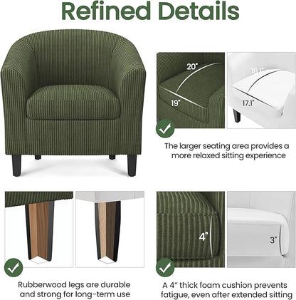 Yaheetech Corduroy Barrel Chairs Set of 2, Upholstered Club Chairs, Round Armchairs Waiting Room Chairs with Soft Cushion for Living Room Bedroom Reading Room, Dark Green