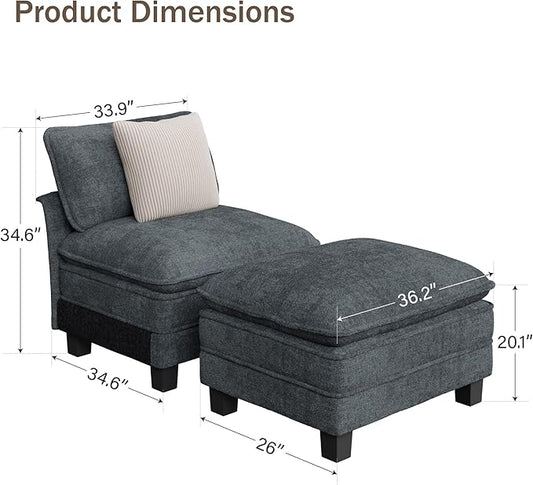 PHI VILLA Oversized Single Armless Sofa with Ottoman, Upholstered Chaise Lounge Chairs, Indoor Cloud Reading Chair with Deep Seat for Small Spaces, Chenille Fabric, Dark Cyan
