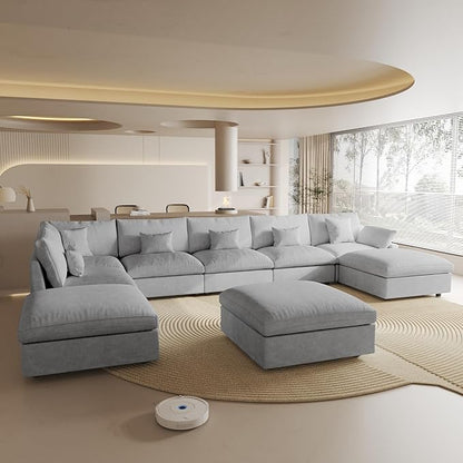 Oversized Modular Sectional Sofa with Chaise,192inch Cloud Couch Deep Seat Sofa Cushion Covers Removable, Down Filled Linen 9 Seater Sectional Couches for Living Room, Gray
