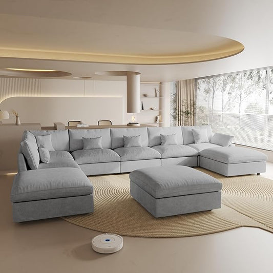 Oversized Modular Sectional Sofa with Chaise,192inch Cloud Couch Deep Seat Sofa Cushion Covers Removable, Down Filled Linen 9 Seater Sectional Couches for Living Room, Gray