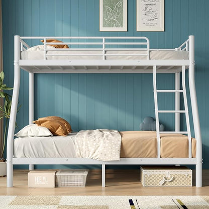 Bunk Beds Twin Over Full Size, Heavy Duty Metal Bunk Bed Frame with Angled Ladder for Teens and Adults, for Spaces-Saving, Smooth Rounded Edges, Noise Free & Easy Assembly, White