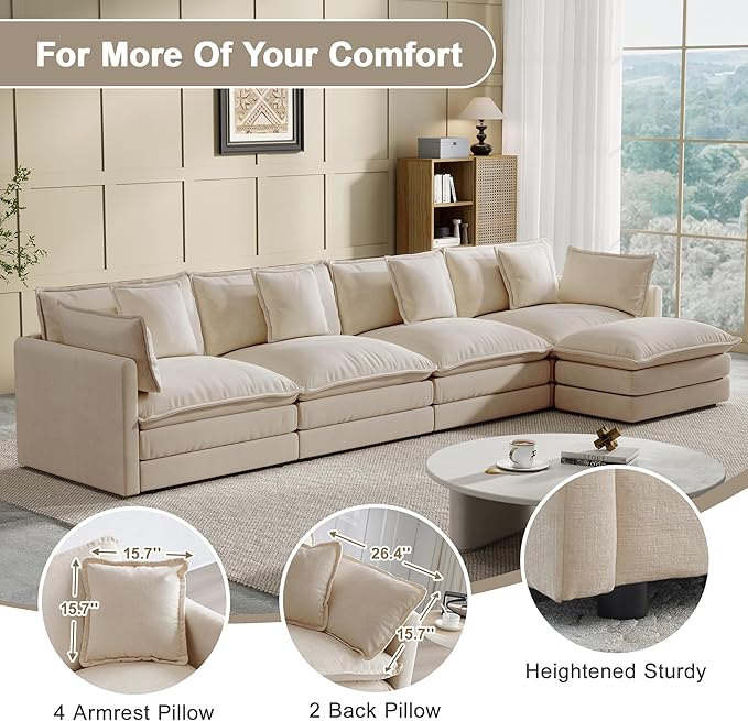 Modular Sectional Sofa, 146.5 Inch L-Shaped Cloud Sofa with Deep Seat Chenille Sofa with Cushions, Four Seater Sectional Sofa for Living Room Apartment,Light Coffee