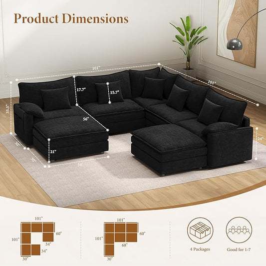 Vesgantti 108" V-Shaped Corner Couch Sectional, 7 Seat Customizable Modular Cloud Couches with Movable Ottoman, Chenille Deep Seat Sofa Set with Chaise for Living Room, Bedroom and Apartment, Black