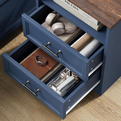 Blue Nightstand with Charging Station, Farmhouse End Table with 2 Drawers, Bedside Table with Space-Saving Storage Cabinet, Unique Base Design for Bedroom, Living Room