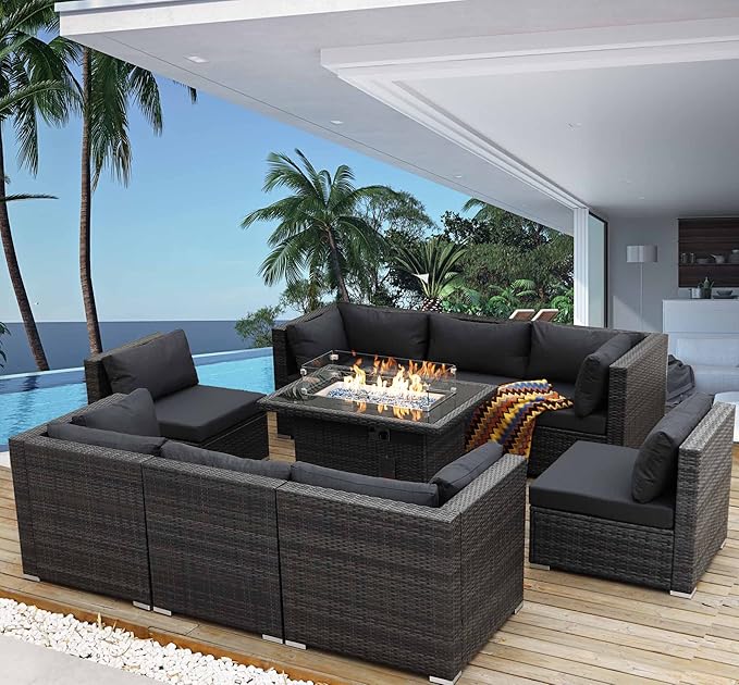 NICESOUL 9 Piece Modern Oversized Outdoor Patio Furniture Set with Firepit Table Propane/Natural Gas, 29.3'' High Back Deep Wide Conversation, Luxury 8 Seats Modular Sectional for Backyard, Gray