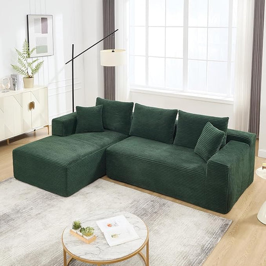 PELUMY 108.7" L-Shaped Modular Sectional Sofa with Oversized Chaise, Cloud Couch with Memory Foam, No Assembly Required Sleeper Sofa for Small Space Living Room, Apartment (Green, Corduroy)