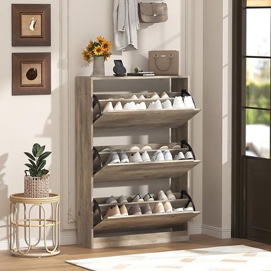 Shoe Storage Cabinet with 3 Flip Drawers, Slim Hidden Wood Shoe Cabinet Storage for Entryway, Freestanding Narrow Shoe Rack Organizer with Adjustable Shelves for Foyer, Hallway, Grey